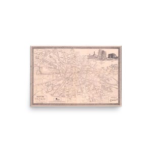 May include: A vintage map of Tabriz, featuring detailed street layouts and architectural illustrations. The map is printed in sepia tones, with the title "Map of Tabriz" at the bottom. The map is framed with a decorative border.