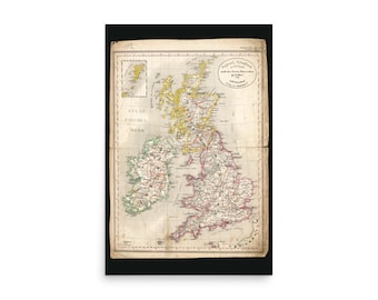 Stara niemiecka mapa Anglii, Irlandii, Walii, Szkocji 1856 Brytania Retro plakat wydruk
