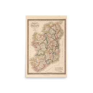 Carte vintage de l'Irlande de 1864 divisée en provinces et comtés, impression d'affiche rétro