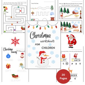 May include: A collection of Christmas worksheets for children. The cover features a snowman and the text "Christmas worksheets for children". Inside are mazes, tracing exercises, and other activities. The image also shows a red circle with the text "20 Pages".