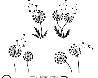 Paquete de imágenes SVG, PNG, PDF y JPG de diente de león - Descarga instantánea, imágenes prediseñadas florales, siluetas, diseño para el Día de San Valentín, gráficos de flores silvestres