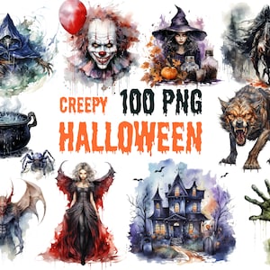Könnte beinhalten: Aquarellillustrationen mit Halloween-Motiven. Das Bild zeigt einen Clown, eine Hexe, einen Werwolf, ein Spukhaus und andere gruselige Figuren. Der Text "CREEPY 100 PNG HALLOWEEN" ist in Orange dargestellt.