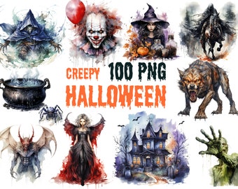 Imágenes prediseñadas de Halloween espeluznantes de acuarela ? 100 diseños PNG