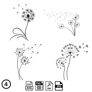 Könnte beinhalten: Vier Schwarzweißillustrationen von Löwenzahnsamen, die im Wind fliegen. Die Illustrationen sind in einem einfachen, minimalistischen Stil gehalten.