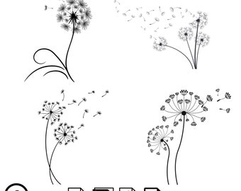 Paquete de Diente de León SvG, PNG, PDF, JPG - Descarga instantánea, Clipart floral, Silueta, Diseño de San Valentín, Gráfico de flores silvestres