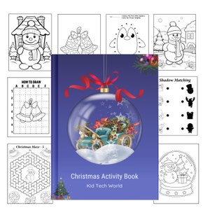 Könnte beinhalten: Ein Weihnachts-Aktivitätsbuch mit blauem Einband, das ein Schneekugel-Design mit einem Oldtimer im Inneren zeigt. Das Buch enthält verschiedene Schwarz-Weiß-Malvorlagen und Aktivitäten wie Labyrinthe und Schattenzuordnungen.
