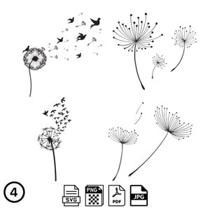 Könnte beinhalten: Ein Satz von vier Schwarzweiß-Illustrationen von Löwenzahnpflanzen mit Vögeln, die von den Samen wegfliegen. Die Illustrationen sind im Vektorformat und können für verschiedene Zwecke verwendet werden, z. B. zum Erstellen von Grußkarten, Einladungen oder Wandkunst.