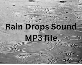 May include: A black and white photo of raindrops falling into a still body of water, creating concentric circles. The text "Rain Drops Sound MP3 file" is superimposed on the image.