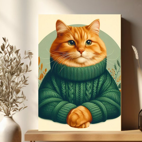 Purrfectly Hipster: Ginger Cat in Sweater, Minimalist Wall Art (Digital Download)