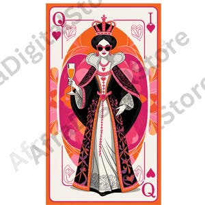 Queen of Hearts Modern Playing Card, Stylish Royal Illustration with Sunglasses and Champagne, Trendy Card Art for Collectors & Designers