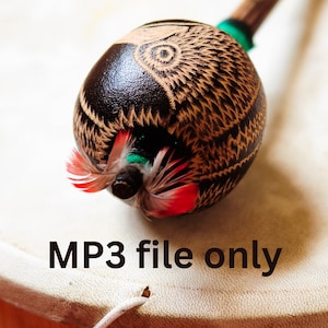 May include: A brown and black maraca with red and green feathers. The maraca is resting on a white drum with the text "MP3 file only" written on it.