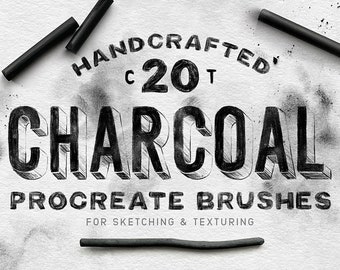 Pode incluir: Pincéis Procreate de carvão vegetal feitos à mão para esboçar e texturizar. A imagem mostra 20 pincéis de carvão vegetal, com o texto "HANDCRAFTED 20 CHARCOAL PROCREATE BRUSHES FOR SKETCHING & TEXTURING" escrito em um estilo desenhado à mão.
