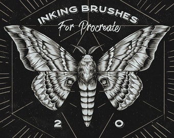 May include: A black and white illustration of a moth with a geometric pattern in the background. The text "INKING BRUSHES For Procreate 2 0" is visible in the image.