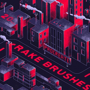 May include: Isometric illustration of a city with red and purple buildings, roads, and smokestacks. The text "2023" is visible on a building, and "PROCREATE" and "RAKE BRUSHES" are displayed on signs.