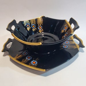 Vintage Decorated Black Hexagon double handled bowl and plate