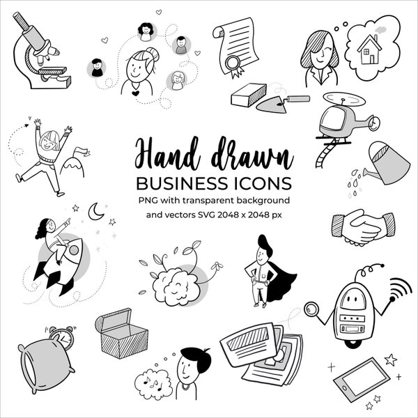 Business icons, powerpoint icons, doodle icons, draw hand icons, png icons, vector icons, clipart set, planner icons, black and white