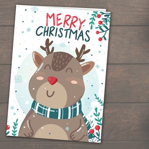 Cartão de Natal digital fofo - Imprimíveis para download instantâneo - Rena de férias de inverno