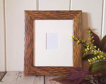 Passport Photo Frame. 70s vintage solid wood frame, Red, green and gold marquetry frame with mount. Small picture frame for photostrip image