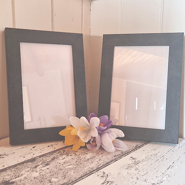 Pair of anthracite 6x4 Photo Frames. Solid wood, matt finish. Freestanding or wall mounted. Small picture frames for photographs.