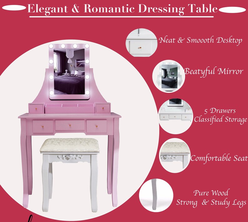 Pink Dressing Table Led Mirror & Stool Set 5 Drawer Etsy UK