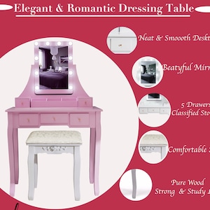 May include: A pink dressing table with a lighted mirror, five drawers, and a matching stool. The table has a neat desktop and strong, study legs. The text on the image says "Elegant & Romantic Dressing Table".