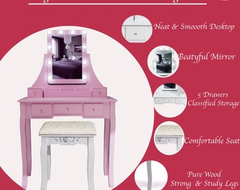 Pink Dressing Table, Led Mirror & Stool Set ( 5 Drawer) Bedroom Makeup Desk