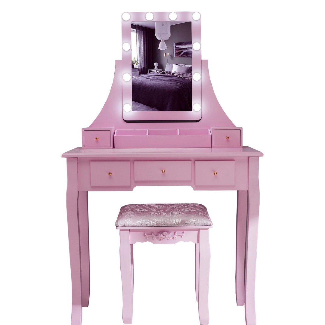 Pink Dressing Table, Led Mirror & Stool Set 5 Drawer Bedroom Makeup