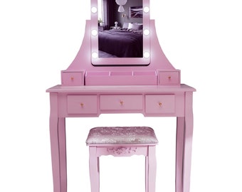 Pink Dressing Table, Led Mirror & Stool Set ( 5 Drawer) Bedroom Makeup Desk