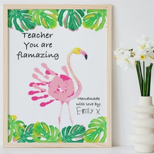 Thank you teacher, teacher appreciation gift, school leaving gift, nursery present, end of term gift, thank you print, flamingo handprint