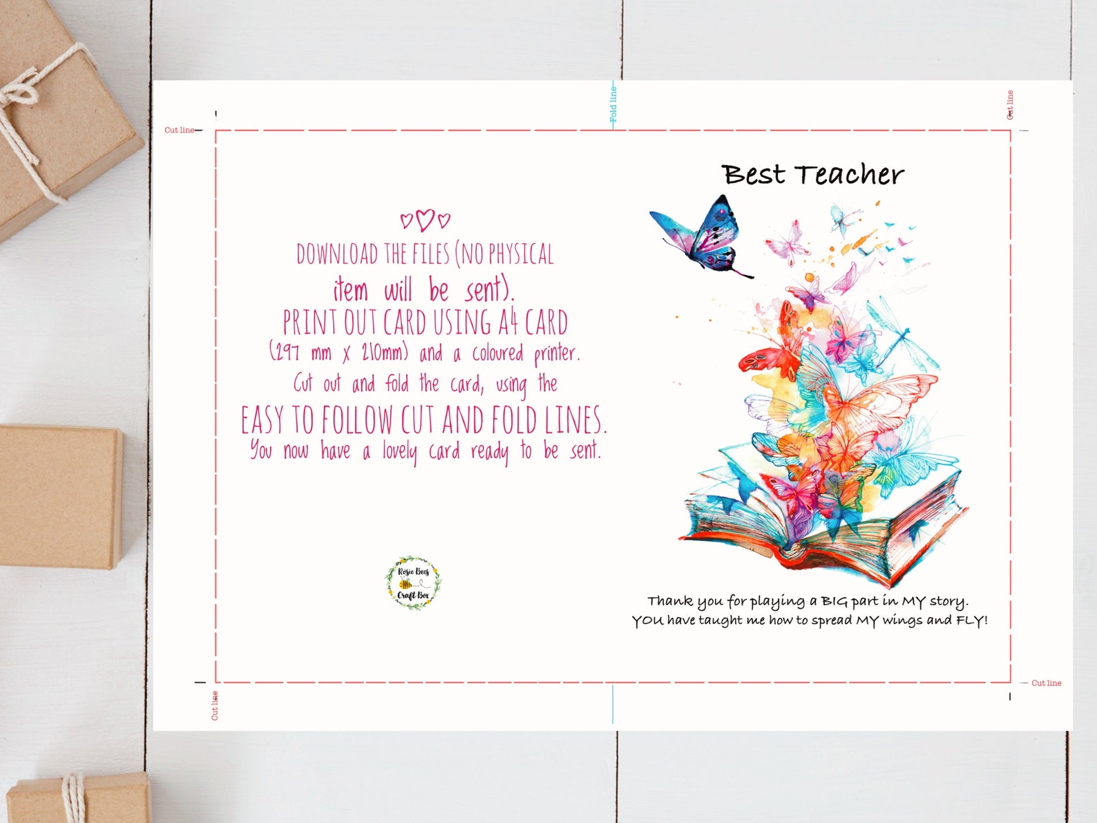 Teacher Card Printable, Teacher Card, Butterfly Thank You, Book Card ...
