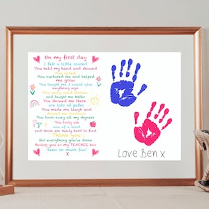 May include: A framed print with a hand-drawn poem about a teacher. The poem is written in colorful text and includes two handprints, one blue and one pink. The print is signed "Love Ben x".