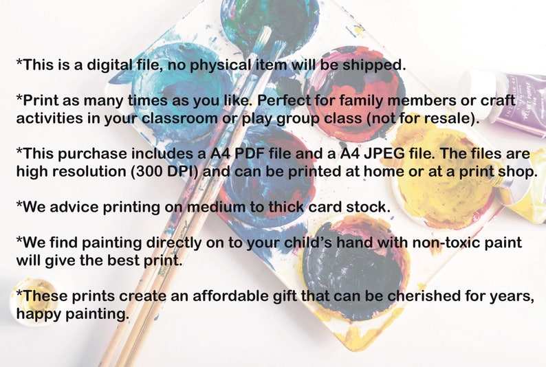 May include: A close-up of a paint palette with various colors of paint, including red, yellow, blue, green, and black. The palette is made of white plastic and has a wooden handle. Two paintbrushes are lying on top of the palette. The text "This is a digital file, no physical item will be shipped." is visible at the top of the image.