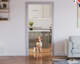 Dog Gate - Made to measure - UK manufactured - Toughened safety glass - Bespoke, hand etched dog or generic design.