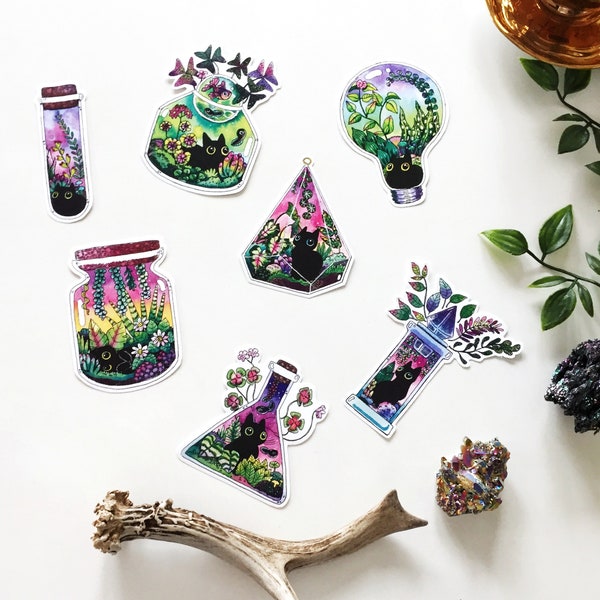 Set of 7 Large Stickers  Cat Terrarium Series