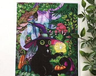 May include: A black cat wearing a purple and green witch hat with a star on its chest sits in a forest setting. The cat has green eyes and bat wings. The forest is filled with mushrooms, pumpkins, and other foliage.