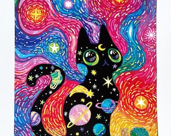 May include: A black cat with large green eyes and a crescent moon on its forehead sits in a swirling galaxy of pink, blue, and yellow. The cat's tail is curled around a planet with rings, and other planets are scattered around the cat's body. The background is a vibrant, abstract painting style.