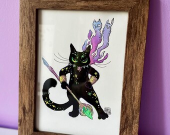 神秘的な黒猫の魔法使いのオリジナルイラスト（フレーム入り） - Etsy 日本