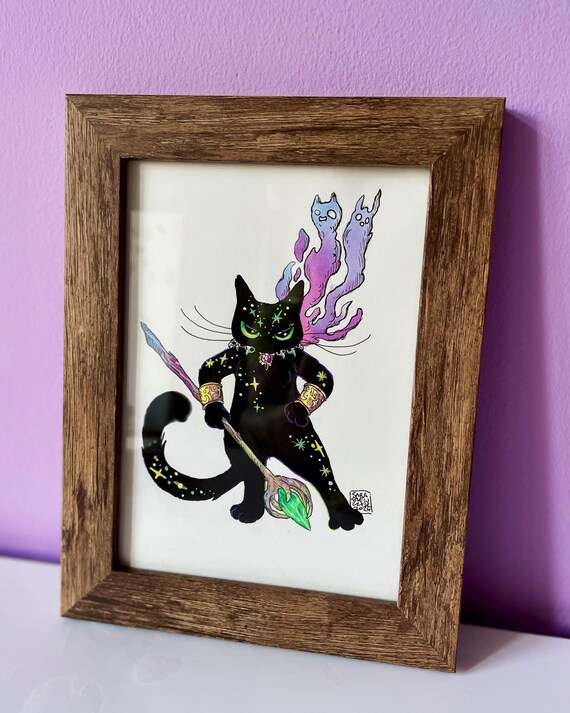 黒猫@ 【イラストオーダー】 神秘的な黒猫の魔法使いのオリジナルイラスト（フレーム入り） - Etsy 日本