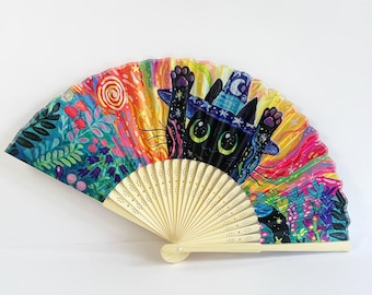 Whimsical Witch Cat Bamboo Hand Fan, 21cm Durable Nylon Folding Fan with Gift Box, Magic Forest Celestial Black Cat Clack Fan, Witchy Summer