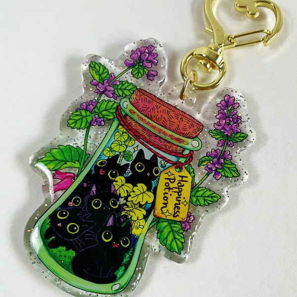 Magic Witch Cat Acrylic Keychain, 7.5cm Epoxy Resin Black Cat Charm with Custom Clasp, Celestial Star Moon Heart Keyring, Witchy Cute Gift