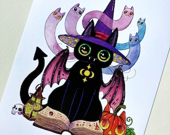 May include: A black cat wearing a purple witch hat with stars and a red band, holding a book with a skull and lantern. The cat has bat wings and green eyes. There are four purple and blue cat ghosts surrounding the cat.