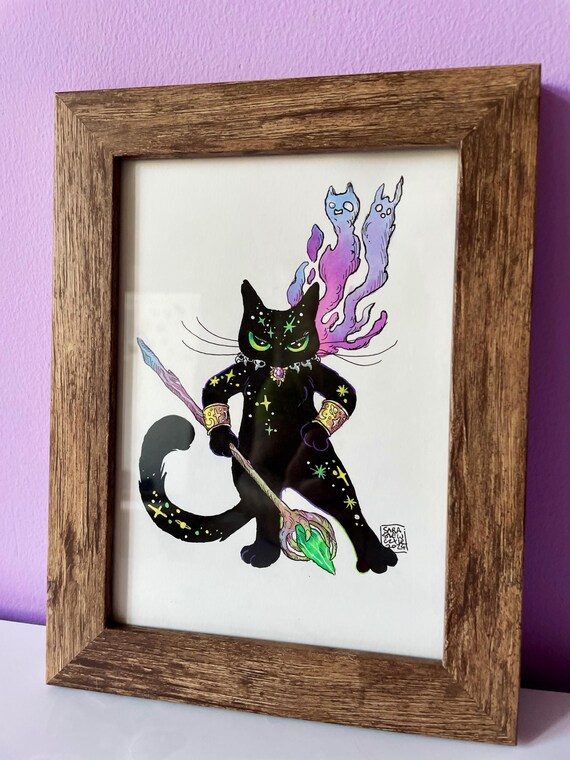 神秘的な黒猫の魔法使いのオリジナルイラスト（フレーム入り） - Etsy 日本