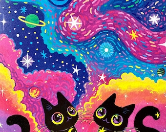 May include: A vibrant illustration features two black cats gazing upwards at a colorful cosmic scene. The cats have star and crescent moon markings. The background is filled with stars, planets, and swirling nebulae in shades of blue, pink, and yellow.