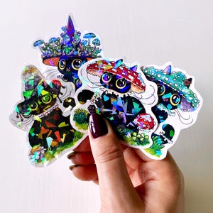 4 Holographische Sticker Pilz Katzen
