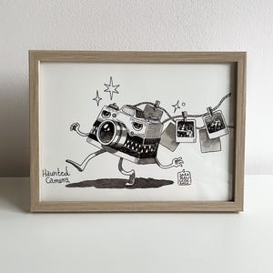 Haunted Camera Original Inktober Drawing in Frame