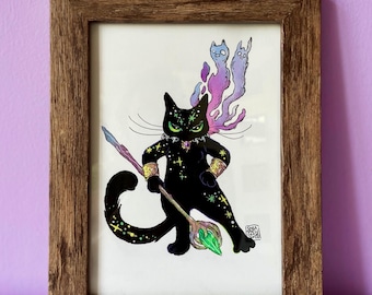神秘的な黒猫の魔法使いのオリジナルイラスト（フレーム入り） - Etsy 日本