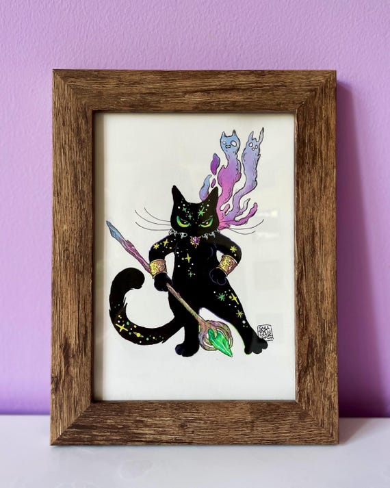 神秘的な黒猫の魔法使いのオリジナルイラスト（フレーム入り） - Etsy 日本