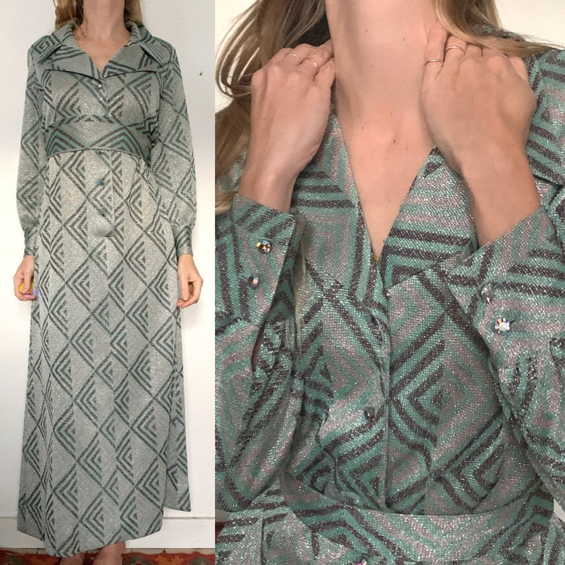 1970s Glam Metallic Silver and Blue Party Maxi Dress