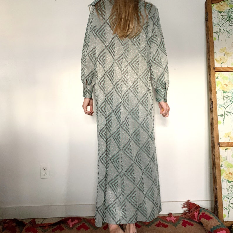 1970s Glam Metallic Silver and Blue Party Maxi Dress