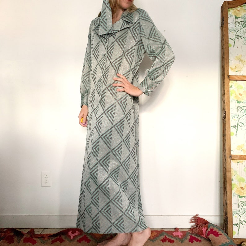 1970s Glam Metallic Silver and Blue Party Maxi Dress